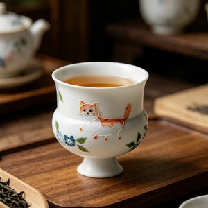 May include: A white ceramic tea cup with a pedestal base, featuring a hand-painted orange and white cat illustration on the front. The cup is decorated with small blue and green floral accents and is filled with a light amber colored tea liquid.