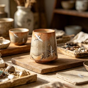 Può includere: Un bicchiere in ceramica con base larga e parte superiore leggermente svasata. La tazza presenta un gradiente di tonalità marroni e beige, con illustrazioni di gru bianche. Altre tazze e ciotole in ceramica sono sullo sfondo.