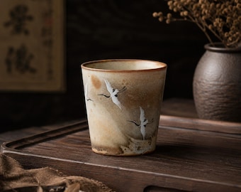 Flying Crane Tea Cup, Wabi Sabi Ceramic Tumbler, 150ml Handcrafted Asian Pottery, Reactive Glaze Matcha Bowl, Shino Style Gift for Tea Lover