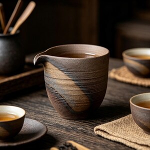 Rustik tekanna i stengods med gulddetaljer, Wabi Sabi Gongfu Cha Hai, handgjord keramisk gräddkanna, unik lerkaffeservis, 180 ml.