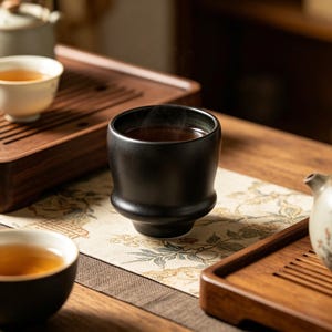 May include: A black ceramic tea cup filled with tea, with steam rising from the top. The cup sits on a floral patterned mat, with a wooden tea tray and other tea cups in the background. The tea cup has a unique, rounded shape.