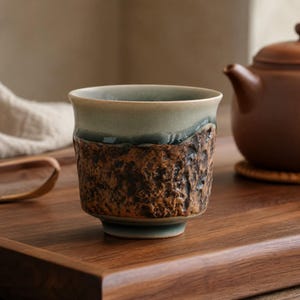 May include: A ceramic tea cup featuring a smooth, light sage green glazed upper section and a contrasting, dark brown textured lower body with a rugged, uneven surface. The cup has a wide, slightly flared rim and a small, circular base.