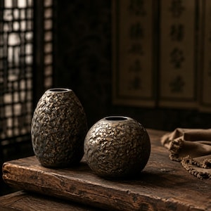 May include: Two textured, metallic vases sit on a weathered wooden surface. One vase is oval-shaped, the other is spherical. The vases have a dark, mottled finish, suggesting an aged or antique appearance. The background is dimly lit, with a glimpse of a decorative screen.