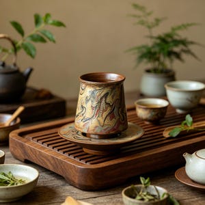 May include: A ceramic tea cup and saucer set with a marbled design in shades of brown, gold, and red. The cup sits on a wooden tea tray, surrounded by other tea-related items, including a teapot and small bowls.