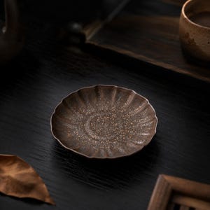 Handmade Fluted Iron Rust Glaze Ceramic Saucer, Wabi Sabi Coarse Pottery Tea Coaster, Metallic Gold Flecks Jewelry Dish.Unique Saucer.