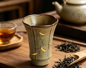 Hand Painted Daisy Ceramic Tea Cup, Vintage Gold Rimmed Aroma Cup, Aesthetic Wabi Sabi Gongfu Teacup, Small 35ml Flower Petal Sake Cup.