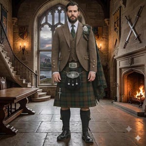 Può includere: Un blazer in tweed marrone e un gilet abbinato indossati sopra una camicia bianca con colletto e un kilt a quadri verdi. L'outfit include uno sporran in pelle nera con dettagli argentati, uno scialle a quadri, calze al ginocchio e scarpe in pelle.
