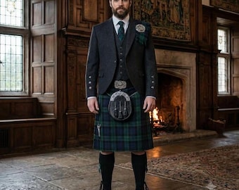 Men's 10-Piece Scottish Kilt Outfit | Brown Tweed Jacket, Tartan Kilt, Highland Dress