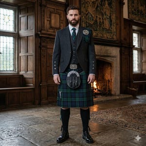May include: A charcoal grey wool blazer, waistcoat, and white dress shirt paired with a green and navy blue tartan kilt. The outfit includes a black leather sporran with silver hardware, a matching belt, black knee-high socks, and black leather boots.