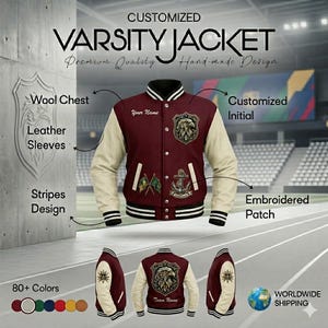 Custom Personalized Varsity Jacket: Your School Team Name & Authentic Chenille Patch Detailing