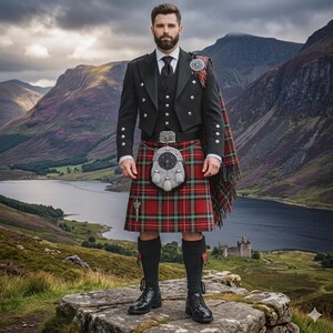 May include: A traditional Scottish kilt outfit featuring a red and green tartan kilt, a black wool jacket and waistcoat, a white dress shirt with a black tie, a grey fur sporran, black knee-high socks, and black leather dress shoes.