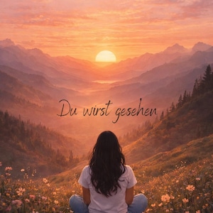 Peut inclure: Une personne assise en tailleur dans un champ de fleurs sauvages, face à un coucher de soleil sur les montagnes. Le ciel est un mélange d'orange et de rose. Le texte "Du wirst gesehen" est écrit en cursive.