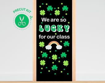 SHAMROCKS Lucky - Precut St. Patrick's Day Door Decoration, March Classroom, Bulletin Board Kit, Shamrocks, Clover, Green, Lucky, Rainbow
