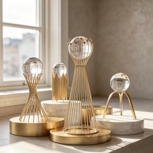 Peut inclure: Quatre ornements décoratifs composés de sphères en verre transparent maintenues par des supports en fil métallique doré. Les supports varient en forme, incluant des designs sablier, cylindriques, coniques et tripodes sur des bases circulaires.