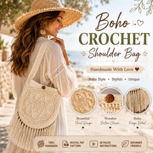 Op de afbeelding: Crèmekleurige gehaakte schoudertas met een bloemenmotief en franjes. De tas heeft een houten knoopsluiting en een lange riem. De tekst op de afbeelding luidt "Boho Crochet Shoulder Bag" en "Handmade With Love."