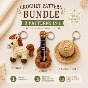 Crochet Pattern Bundle: Horse, Guitar, Cowboy Hat Keychain Patterns (PDF Download)