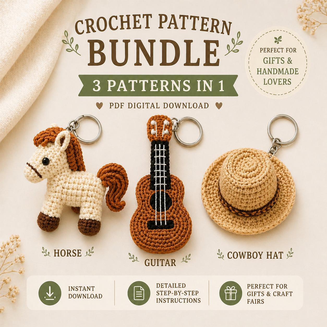 30 Cowboy Hat Crochet Patterns for Western-Inspired Hats, Miniatures, and Giftable Makes 2 Horse, Guitar, and Cowboy Hat Keychain Pattern Bundle