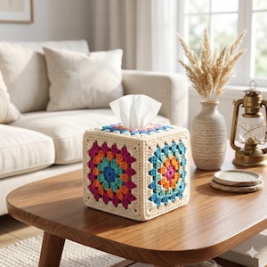 Crochet Granny Square Tissue Box Cover Pattern PDF, Floral Tissue Box Cover, Boho Home Decor Crochet Tutorial, Instant Download