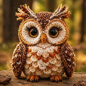 May include: A handcrafted crochet owl in shades of brown, cream, and orange. The owl has large, expressive eyes with long lashes and a detailed feather pattern. The owl is sitting on a wooden surface.