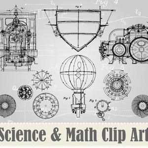以下が含まれることがあります： 科学的な図面のヴィンテージの白黒のイラスト。画像には、機関車、熱気球、歯車、その他の科学機器が含まれています。画像は「Science & Math Clip Art」というテキストでラベル付けされています。