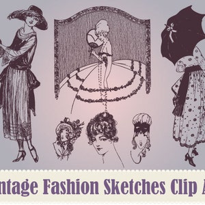 NEW Vintage Women's Fashion Sketches Clip Art Collection 100% Scalable Vector Art image 1