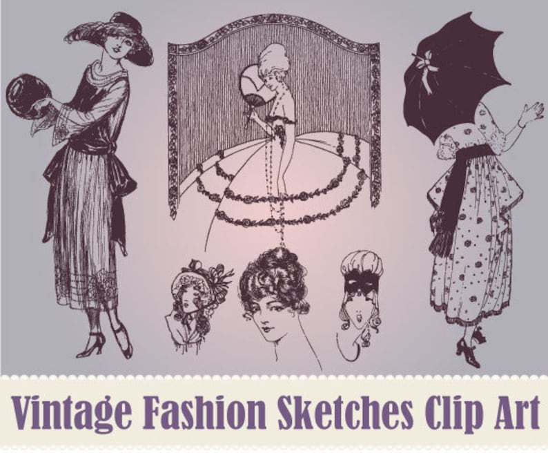 NEW Vintage Women's Fashion Sketches Clip Art Collection  image 1