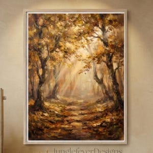 May include: A framed rectangular wall art print featuring an oil painting of a forest path during autumn with golden light filtering through the trees. The artwork displays warm brown, orange, and yellow tones with visible brushstroke textures.