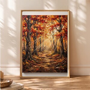 Ölgemälde „Ahornweg“ | Druck eines leuchtend roten Herbstwaldes | Strahlende Herbstnatur | Valdie Sloane Art