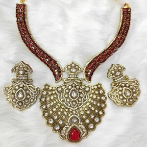 Kundan Ruby Red Statement Necklace Set, Indian Bridal Jewelry, Gold Tone Wedding Earrings