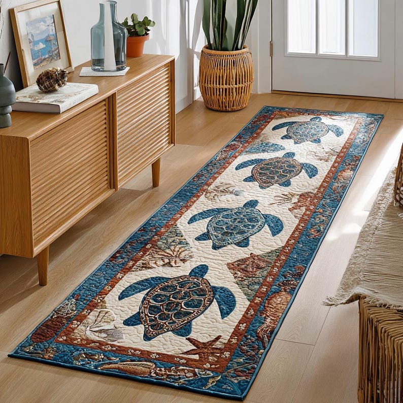 Turtle Rug Cream Sea Turtle Runner Rug, Coastal Beach House Kitchen Mat, Ocean Hallway ...