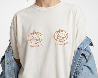 Minimalistyczna koszulka na wieczór panieński na Halloween, spersonalizowana koszulka z dyniową panną młodą, jesienna koszula estetyczna, październikowa panna młoda, koszulka w komfortowych kolorach