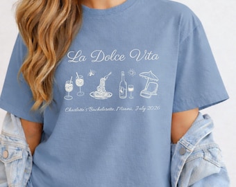 La Dolce Vita Bachelorette Shirt on Comfort Colors, Personalized Miami Bach Outfit, Custom Name Bride Squad Tee,Coastal Girls Trip Party Top