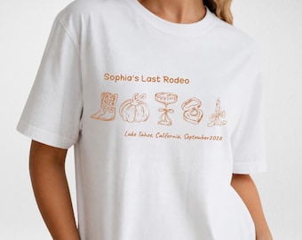 Koszulka Last Rodeo Bachelorette, spersonalizowana koszulka z motywem panny młodej z Dzikiego Zachodu, spersonalizowana koszulka z jesiennym wieczorem kawalerskim, prezent na wycieczkę kowbojki, koszulka z motywem drużyny panny młodej, motyw jesienny