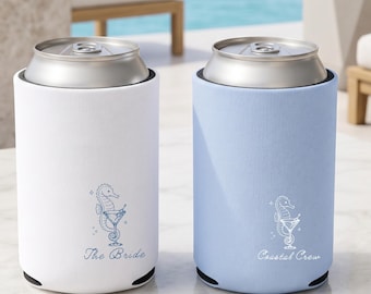 Chłodziarka na puszki Coastal Crew, spersonalizowany upominek na wieczór panieński na plaży, rękaw na napój w kształcie konika morskiego, prezent dla panny młodej Coastal Crew, upominki na imprezę przy basenie, standardowy i wąski