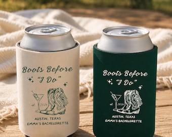 Chłodziarka do puszek Boots Before I Do, spersonalizowany upominek na wieczór panieński w stylu western, prezent na wieczór kowbojski, rękaw na napoje dla Bride Squad, pasuje na rozmiary slim i regular