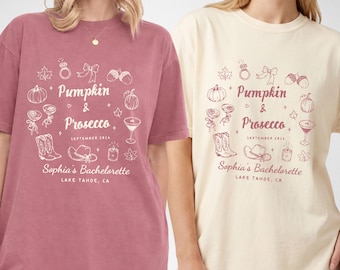 Koszulka z dynią i prosecco na wieczór panieński, spersonalizowana koszulka z jesienną panną młodą, spersonalizowana koszulka z jesiennym wieczorem kawalerskim, prezent na wycieczkę dla dziewczyn, koszulki dla druhen