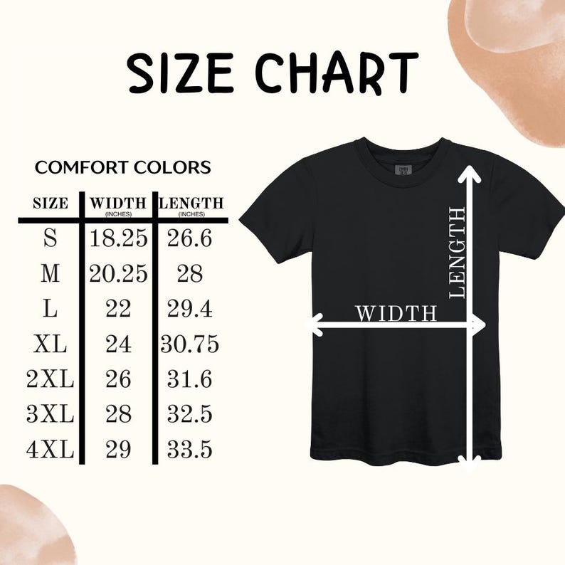 May include: A black t-shirt with a size chart. The chart shows measurements in inches for width and length, ranging from size S to 4XL. The text "SIZE CHART" and "COMFORT COLORS" are at the top.