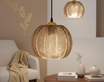 Nordic Leaf Pattern Glass Pendant Light, Japandi Amber Ceiling Lamp
