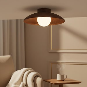Wabi Sabi Wood Ceiling Light, Minimalist Flush Mount Lamp, Japandi Bedroom Lighting Fixture