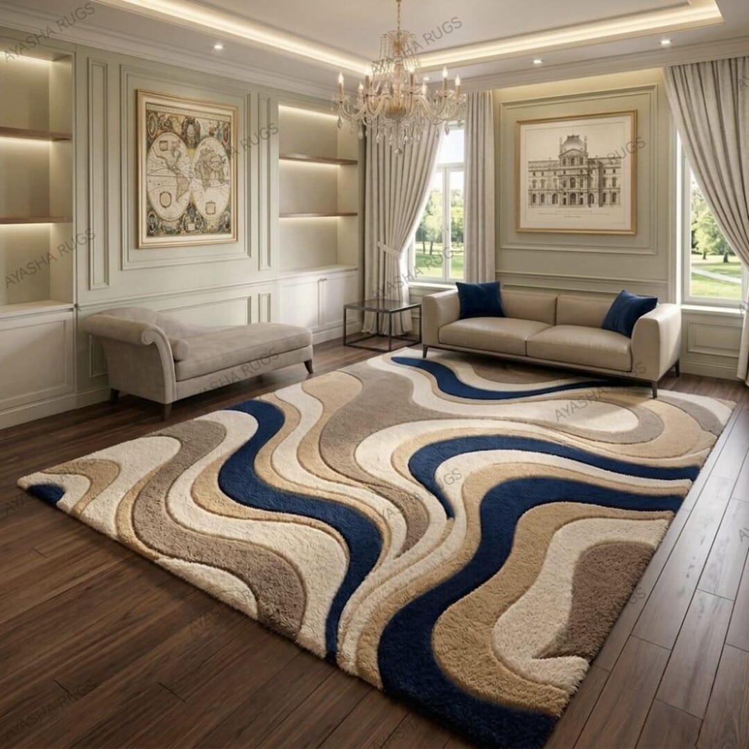 Beige & Navy Blue Hand Tufted Wool Rug – Modern Abstract Wave Pattern ...