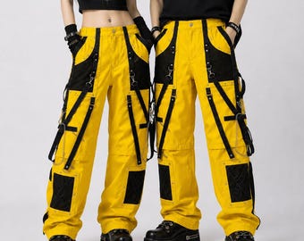 Cyber Goth Gula Rem Cargobyxor – Harajuku Techwear Unisexbyxor med Vida Ben