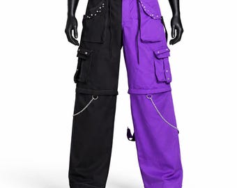 Unisex Gotiska Split Cargobyxor Svarta Lila Punk Techwear Emobyxor