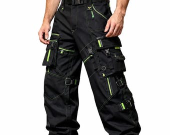 Svarta neongröna Techwear Cargobyxor för män – Gothic Streetwear Utility Byxor