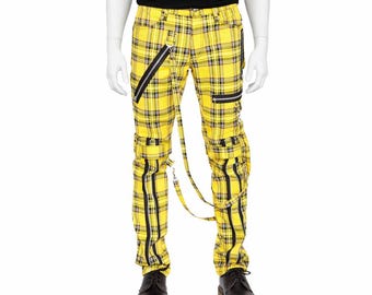 Pantaloni cargo gotici da uomo in tartan giallo con cerniere e cinturini – Pantaloni slim fit stile punk streetwear