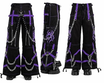 Handgemaakte zwart-paarse gothic baggy chain cargobroek | Punk technische kleding