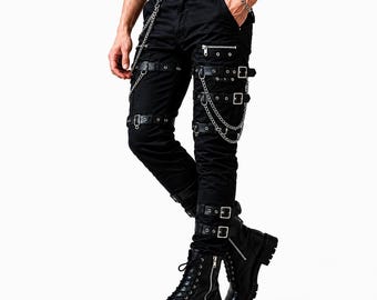 Pantalones ajustados de hombre estilo gótico punk con correa de cadena – Pantalones urbanos con hebilla negra