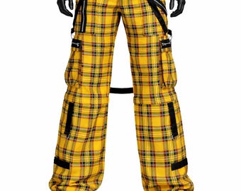 Mens Yellow Plaid Punk Cargo Pants with Straps, Gothic Streetwear Trousers, Techwear Utility Pant