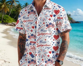 4th of July Hawaiian Shirt, Happy Independence Day Button Shirt, Patriotic American Flag Beach Shirt, Summer Vacation Outfit for Men