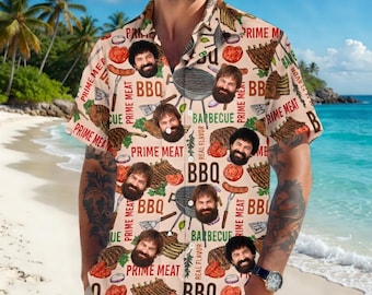 Custom Face Dad BBQ Prime Meat Hawaiian Shirt - Funny Guy Style BBQ Barbecue Shirt for Men, Tropical Prime Meat Grilling Camp Shirt Gift