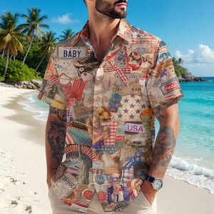 May include: Short-sleeved button-down shirt with a collage of Americana imagery. The design includes stars, stripes, the Statue of Liberty, and vintage advertisements. The shirt has a beige background with red, white, and blue accents.